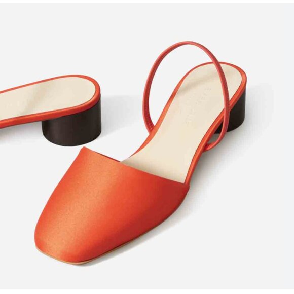 Everlane The Tapered Square Toe Slingback Heel Red Slingback Mules 8 satin - Picture 2 of 8